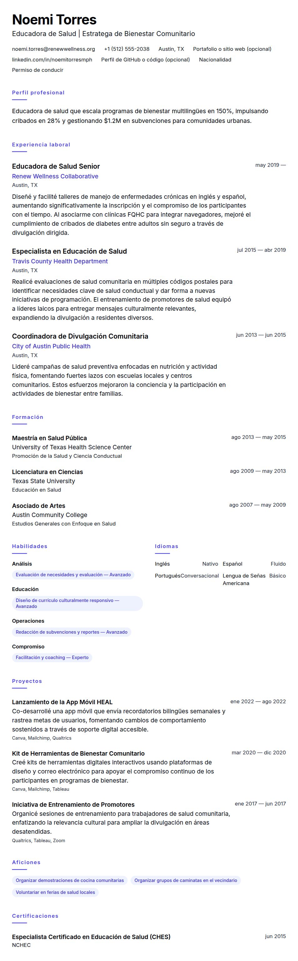 Vista previa del currículum Ejemplo de Currículum de Educador de Salud