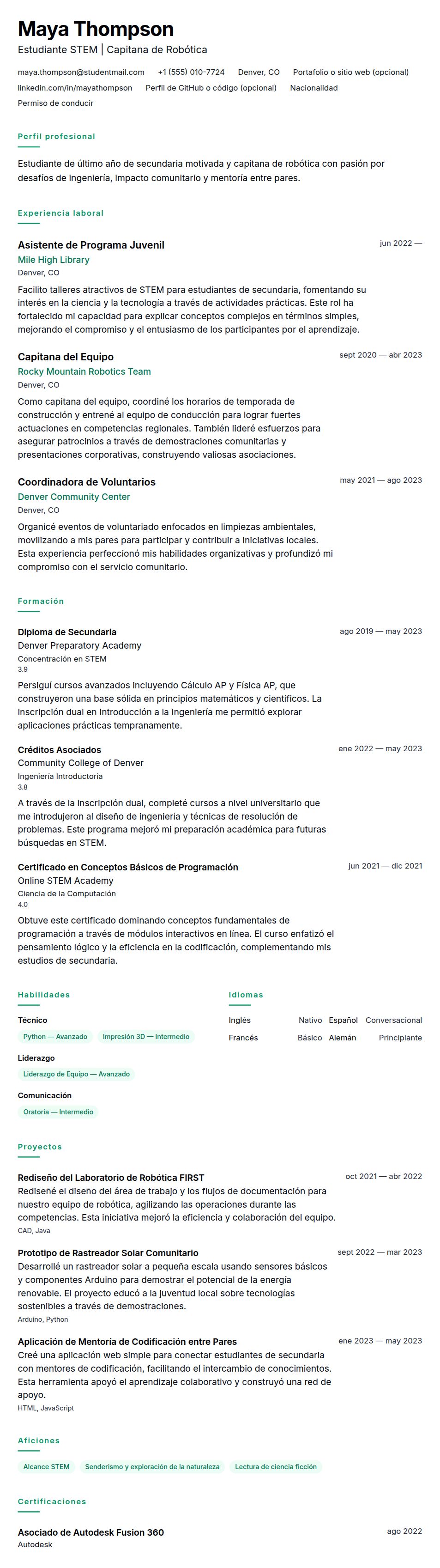 Vista previa del currículum Ejemplo de Currículum para Estudiante de Secundaria