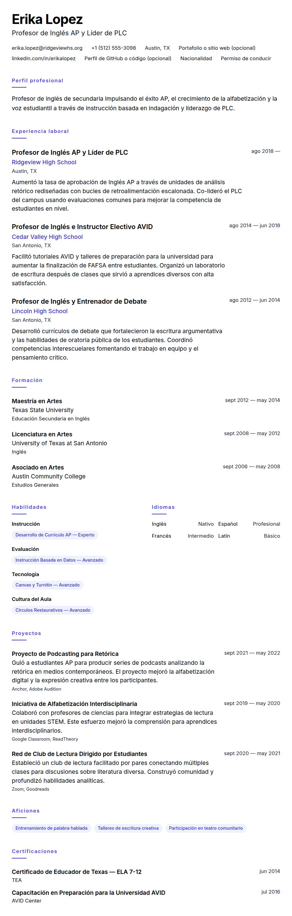 Vista previa del currículum Ejemplo de Currículum de Profesor de Secundaria