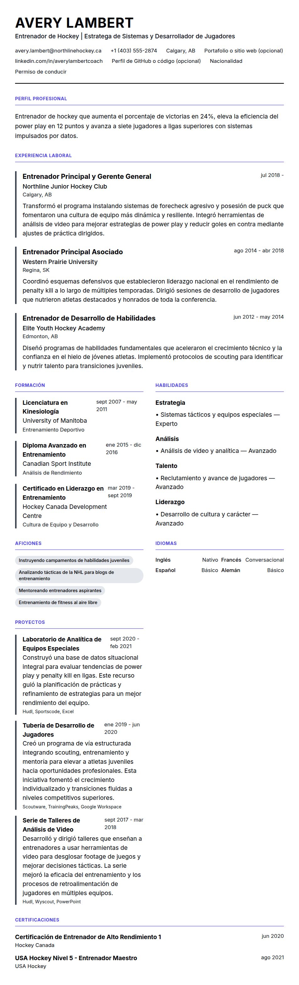 Vista previa del currículum Ejemplo de Currículum de Entrenador de Hockey