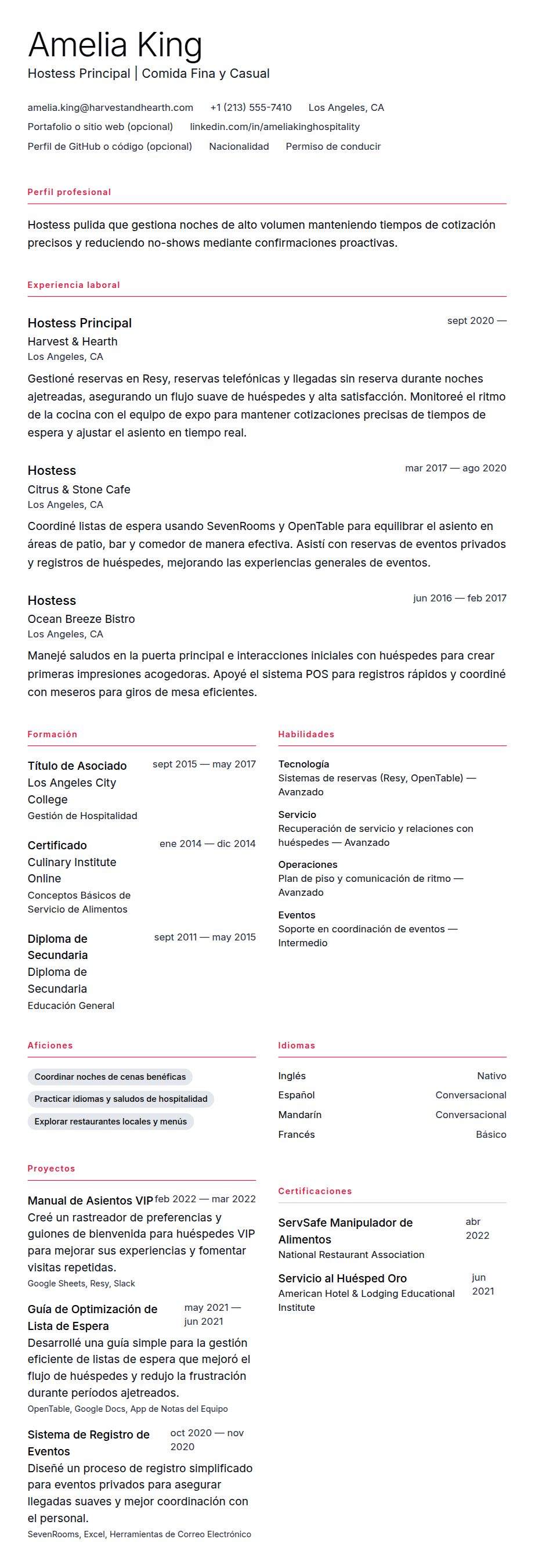 Ejemplo de Currículum de Hostess