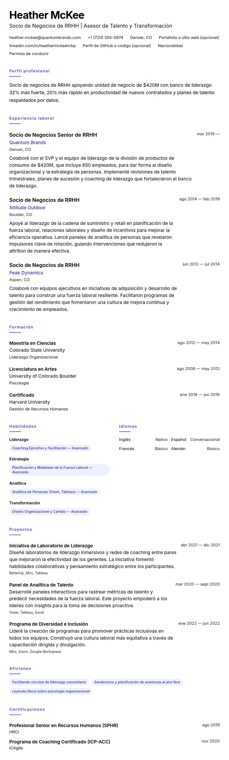 Ejemplo de Currículum de Socio de Negocios de RRHH
