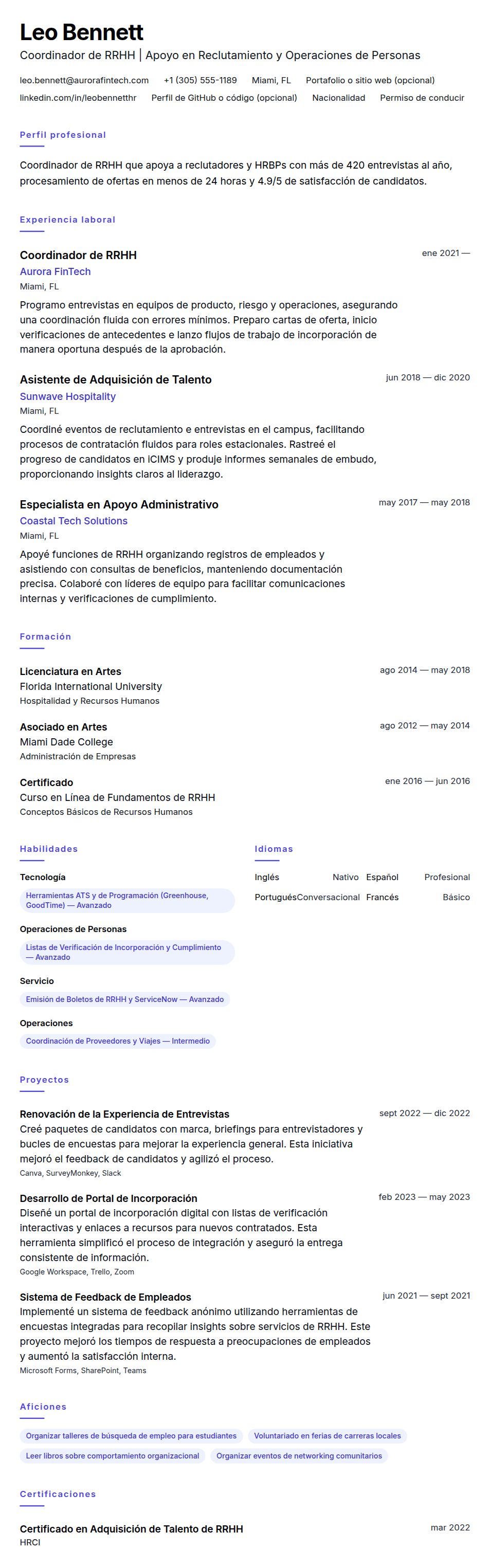 Ejemplo de Currículum de Coordinador de RRHH