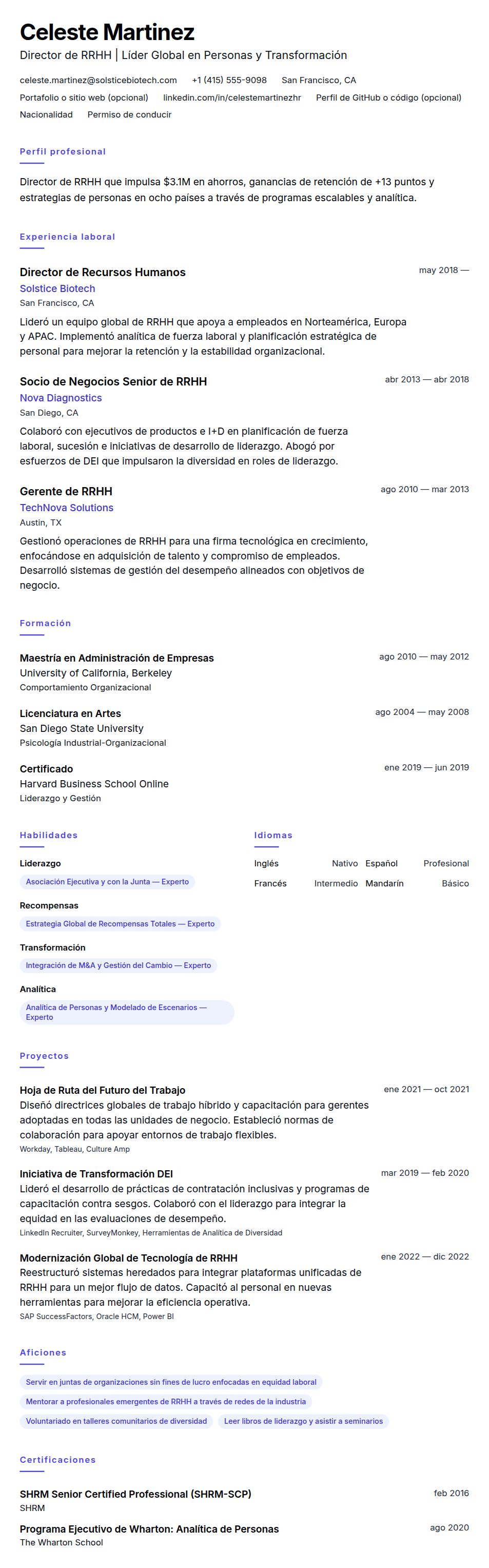 Ejemplo de Currículum de Director de RRHH