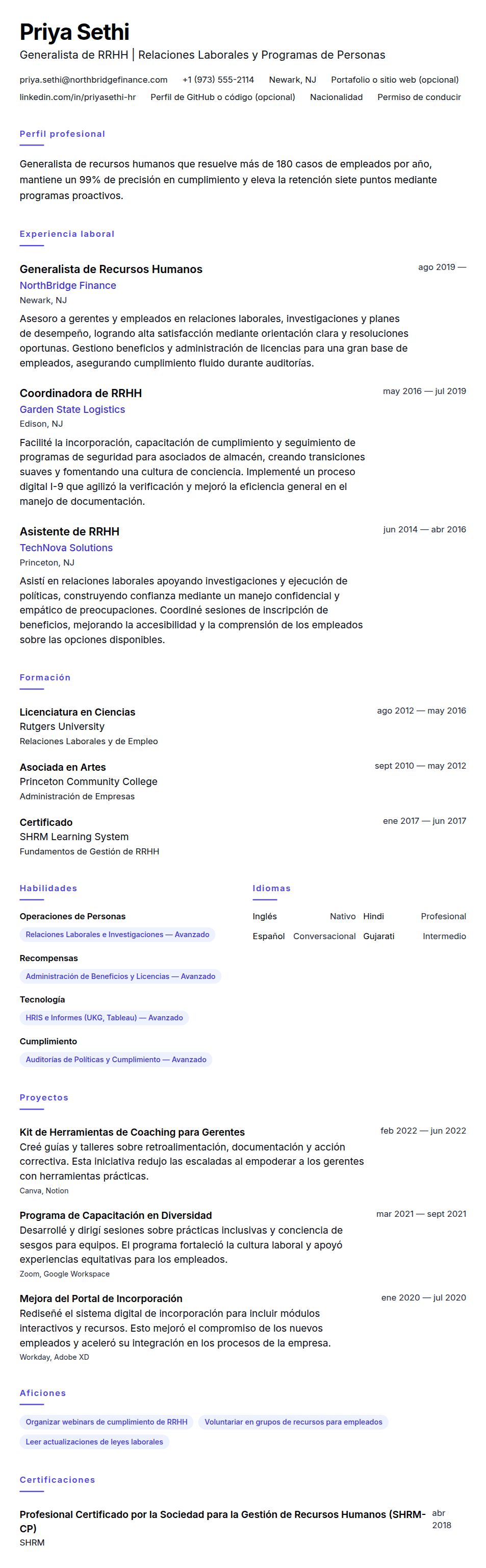 Vista previa del currículum Ejemplo de Currículum de Generalista de Recursos Humanos