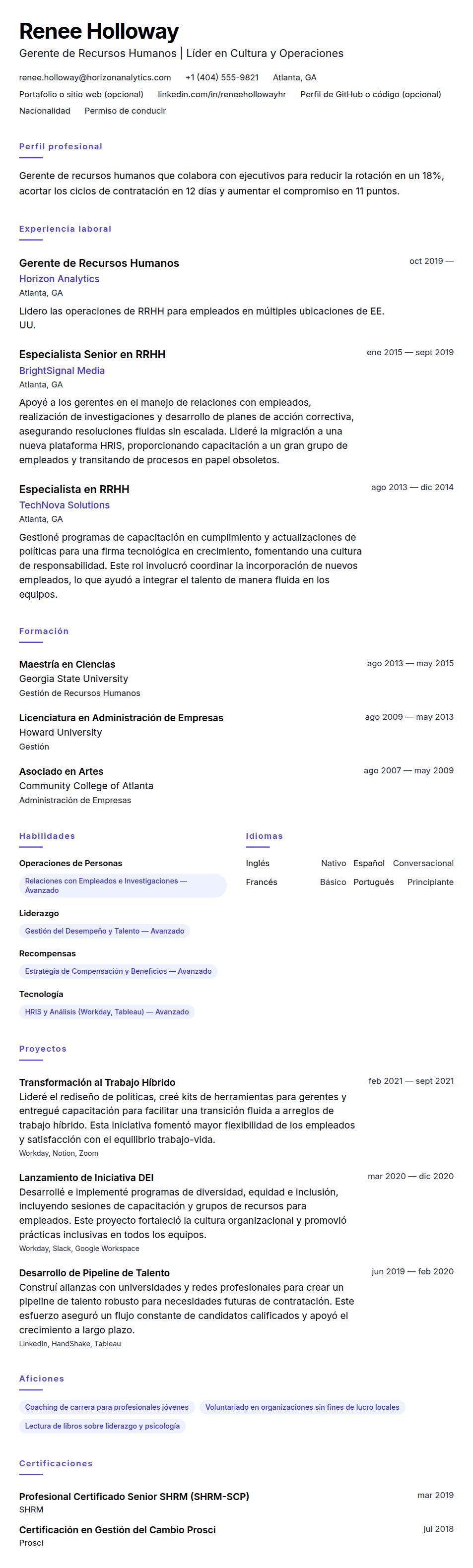 Vista previa del currículum Ejemplo de Currículum de Gerente de Recursos Humanos