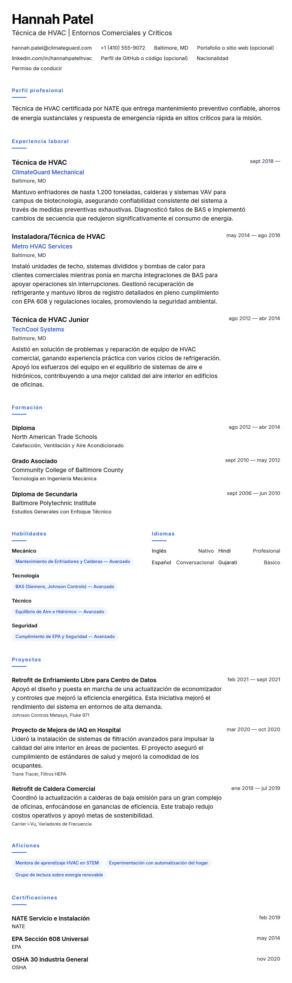 Vista previa del currículum Ejemplo de Currículum de Técnico de HVAC