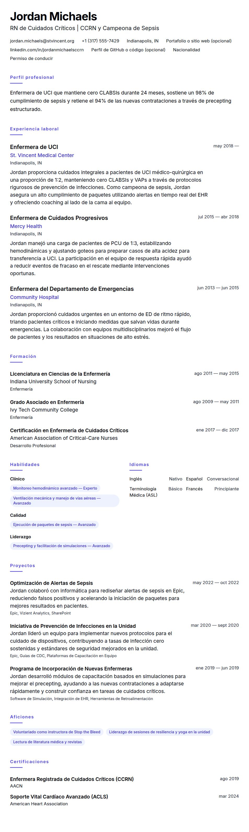 Vista previa del currículum Ejemplo de Currículum de Enfermera de UCI