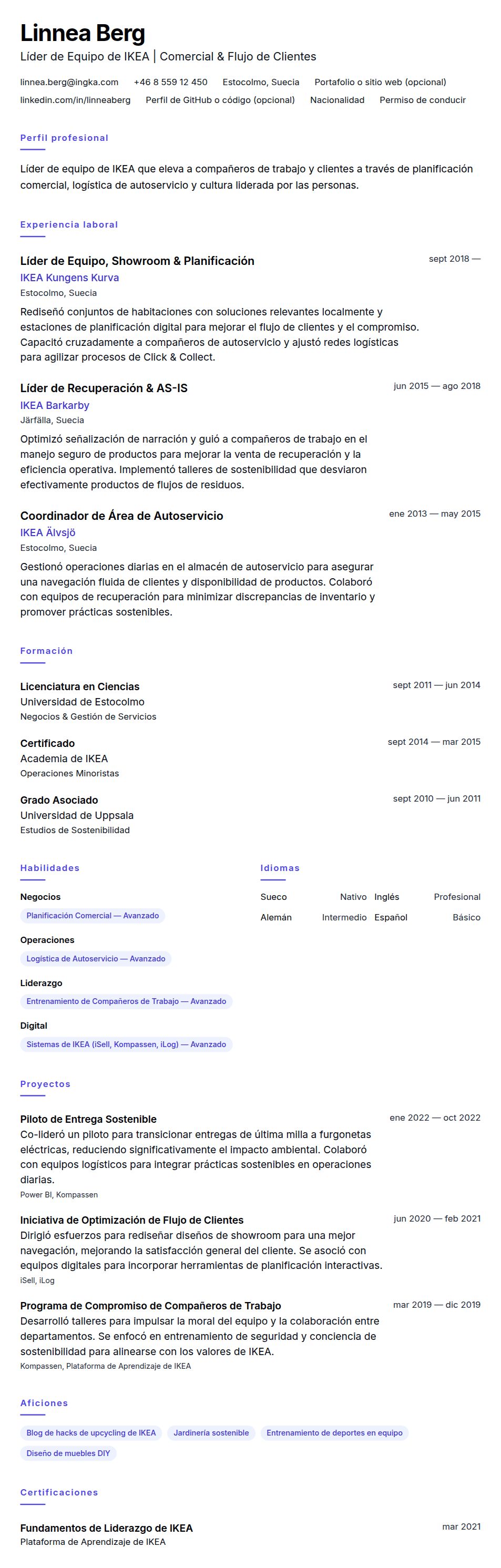 Vista previa del currículum Ejemplo de Currículum de Líder de Equipo de IKEA