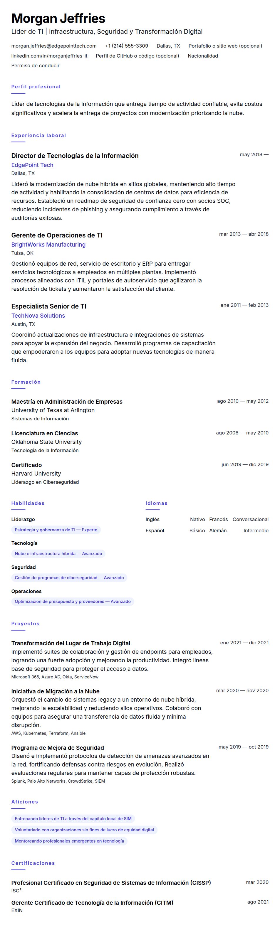 Vista previa del currículum Ejemplo de Currículum de Profesional de Tecnologías de la Información