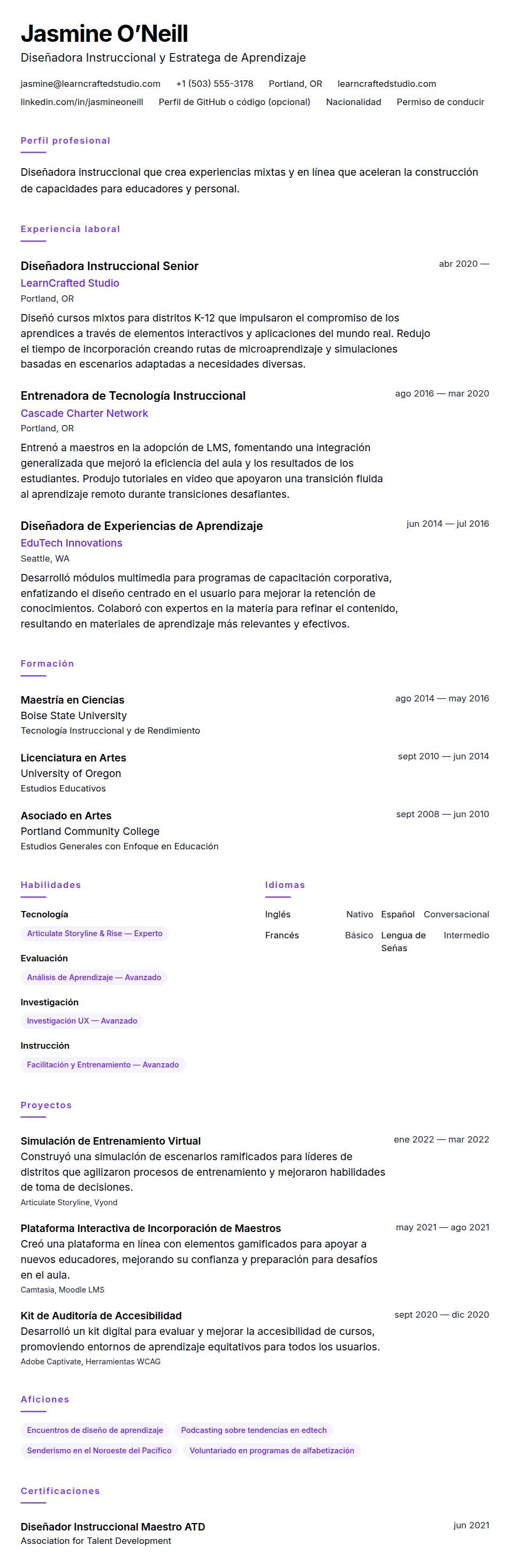 Vista previa del currículum Ejemplo de Currículum de Diseñador Instruccional