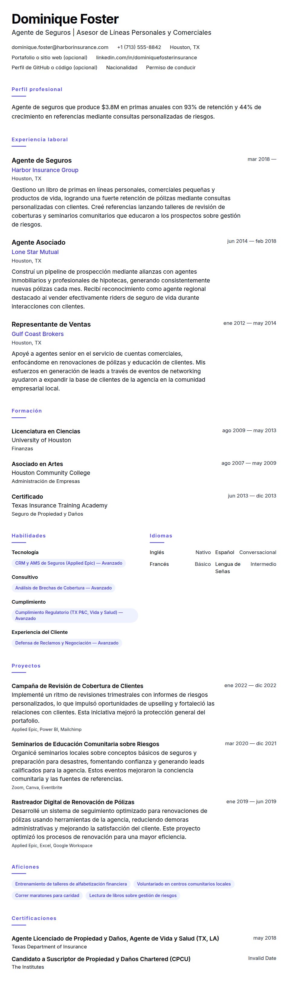 Ejemplo de Currículum de Agente de Seguros