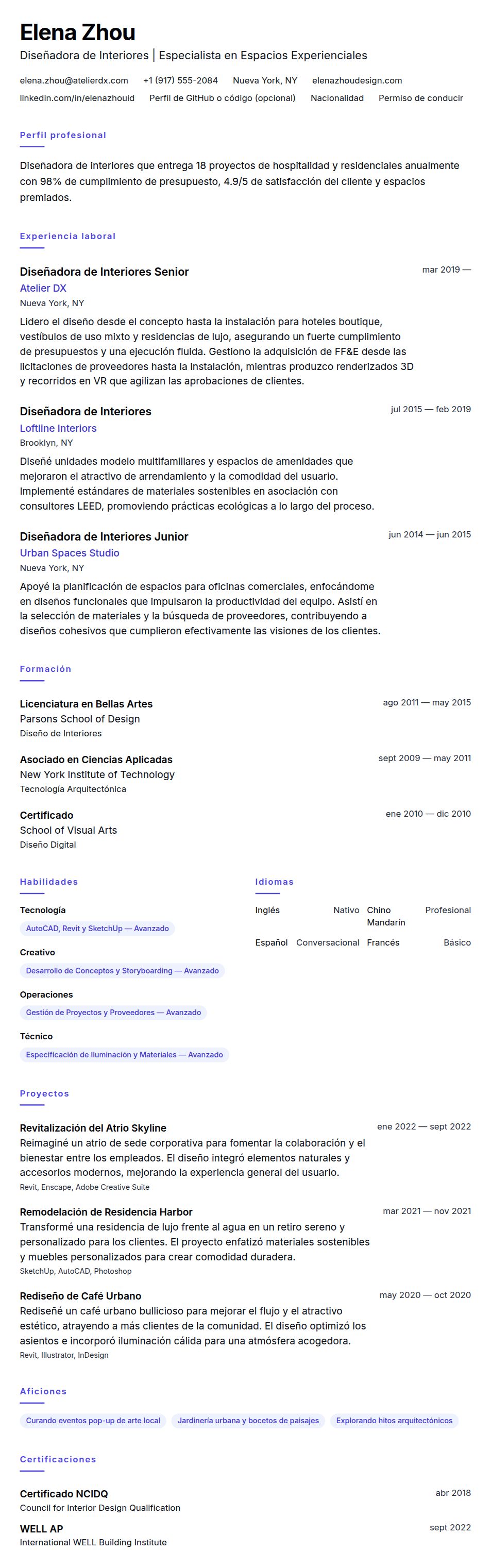 Ejemplo de Currículum de Diseñador de Interiores