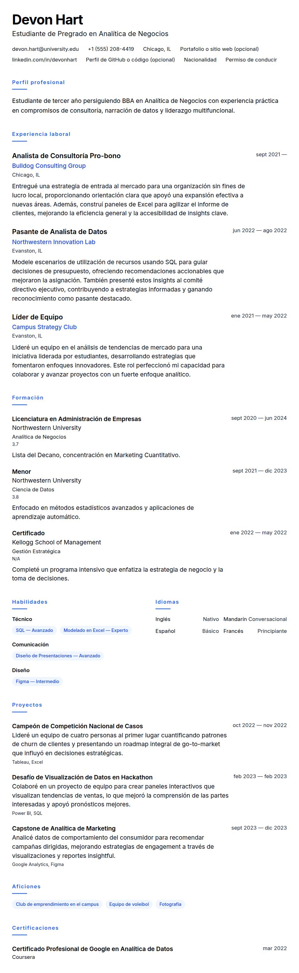 Vista previa del currículum Ejemplo de Currículum para Pasantía