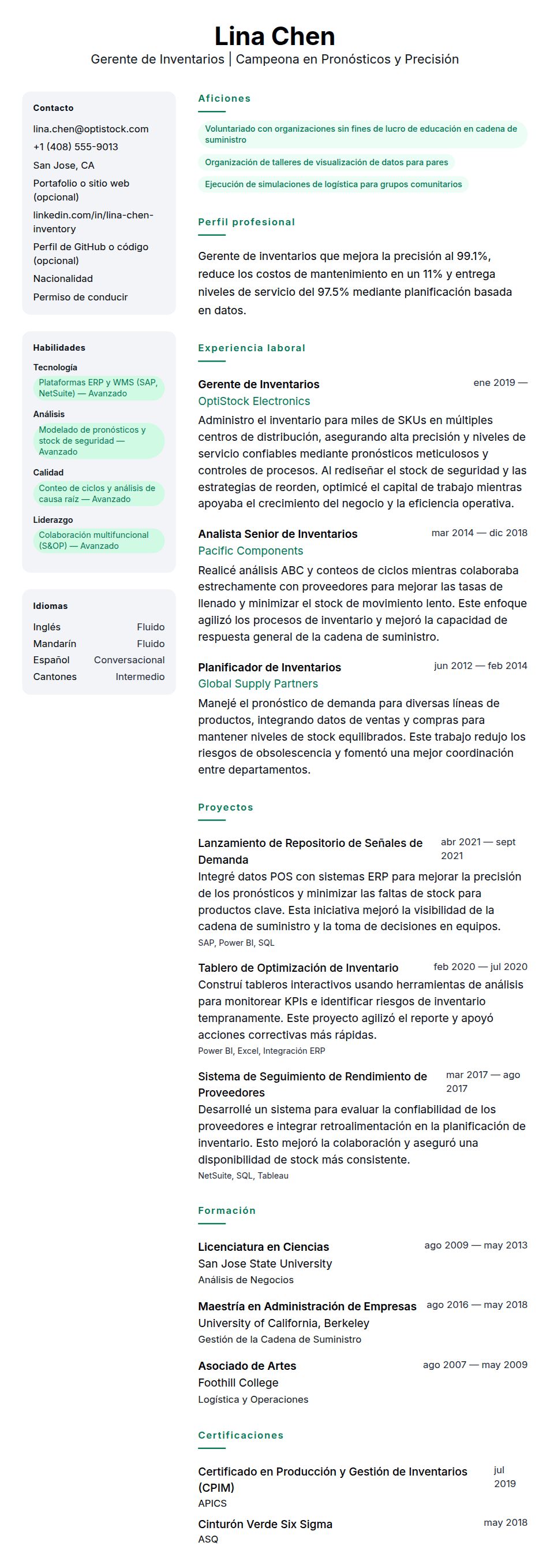 Vista previa del currículum Ejemplo de Currículum de Gerente de Inventarios