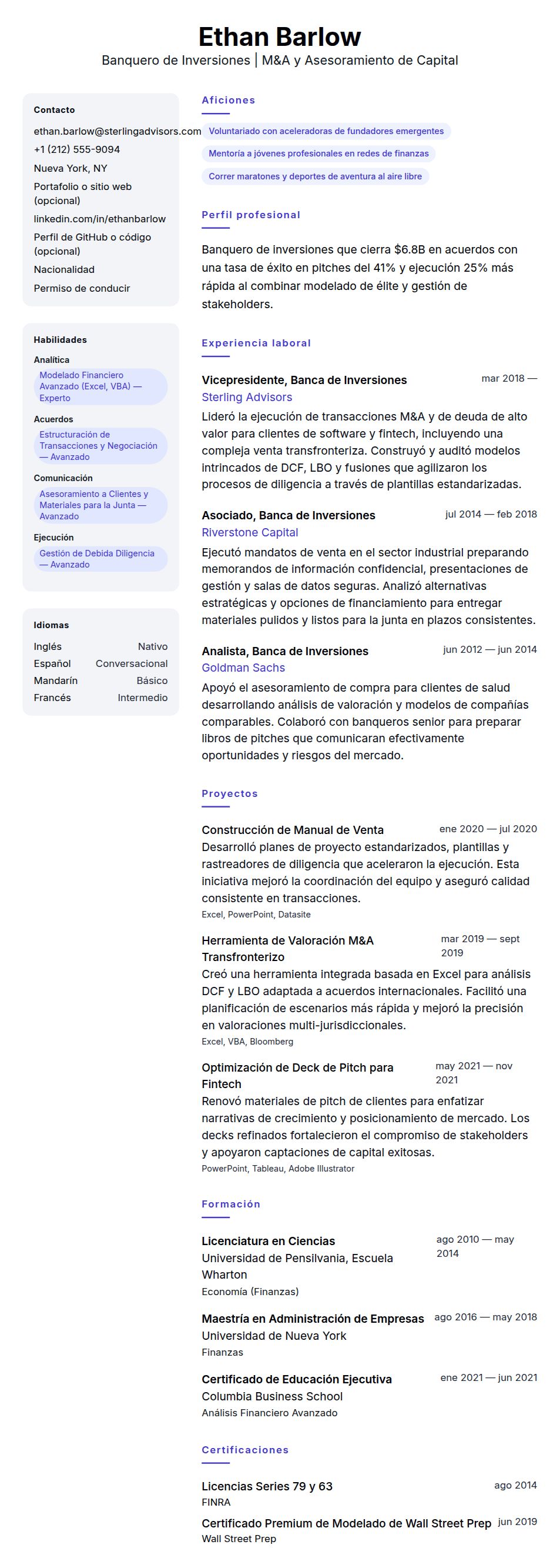 Vista previa del currículum Ejemplo de Currículum de Banquero de Inversiones