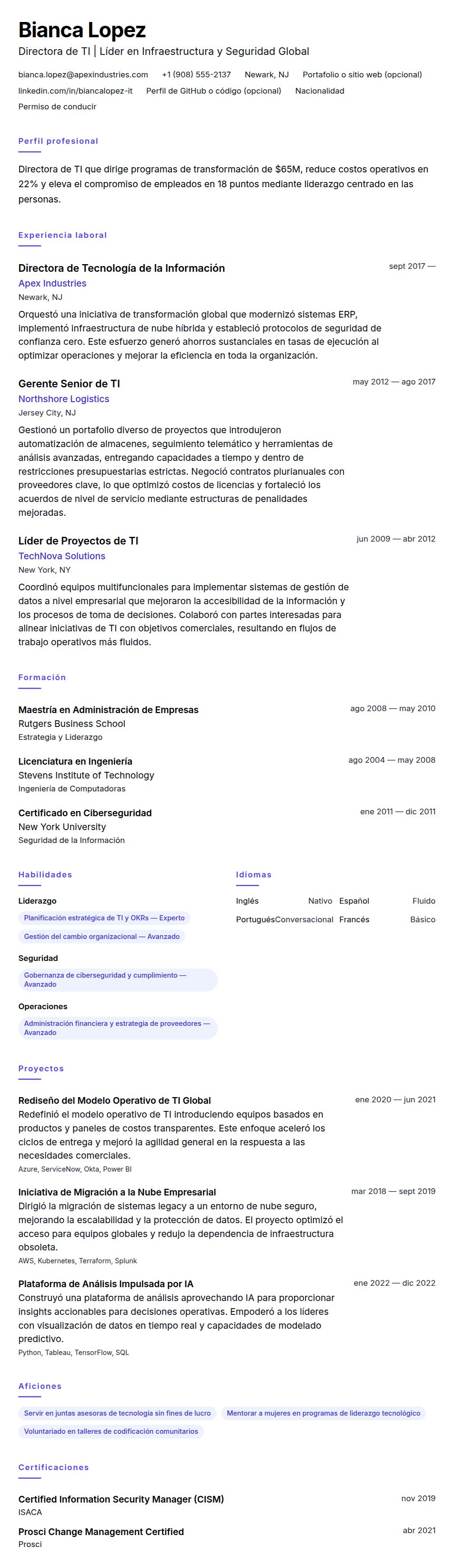 Ejemplo de Currículum de Director de TI