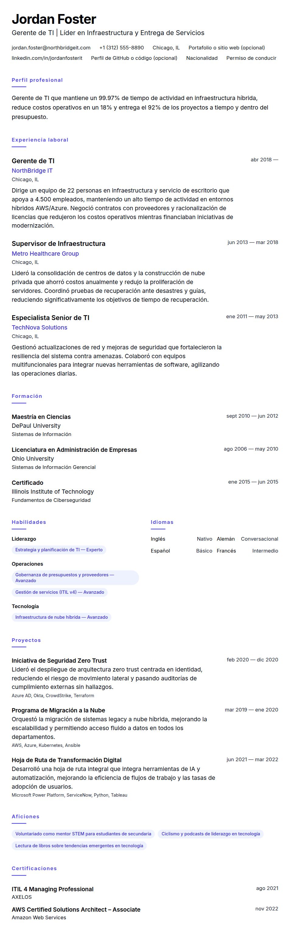 Vista previa del currículum Ejemplo de Currículum de Gerente de TI