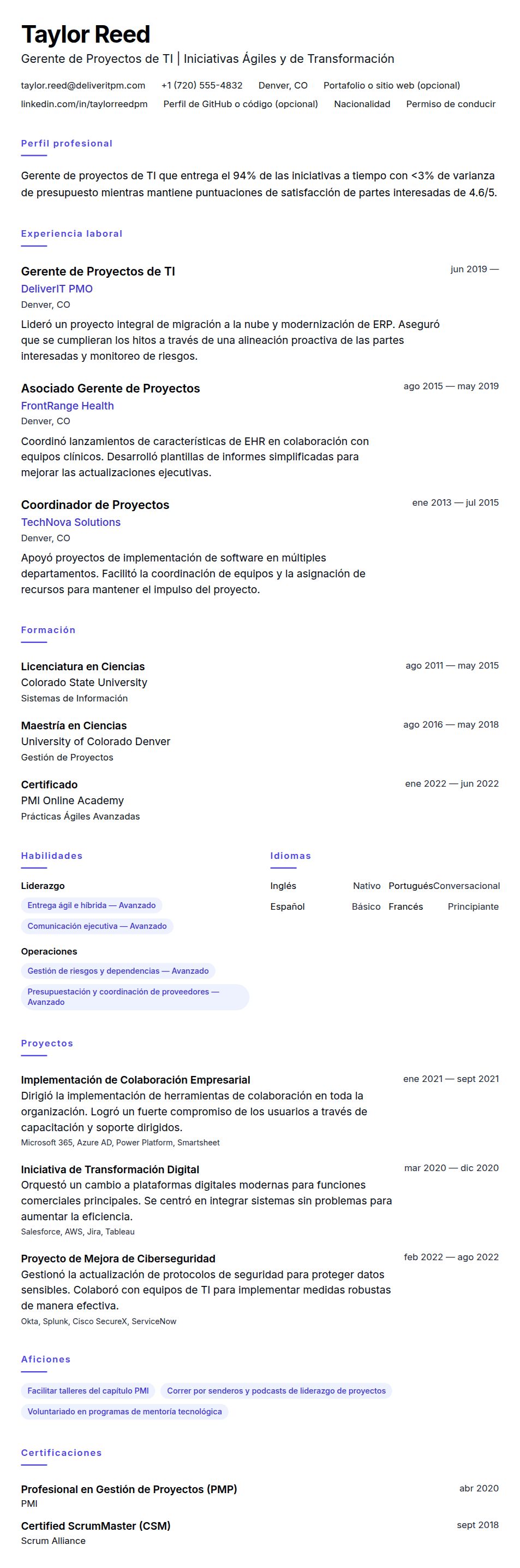 Vista previa del currículum Ejemplo de Currículum de Gerente de Proyectos de TI