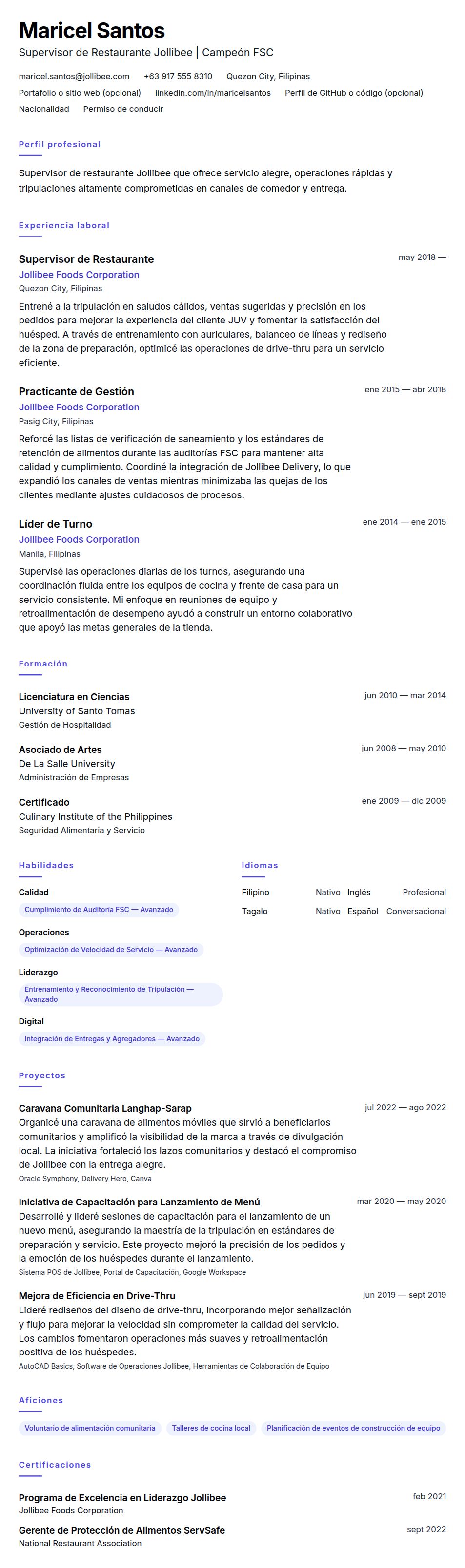 Vista previa del currículum Ejemplo de Currículum de Supervisor de Restaurante Jollibee