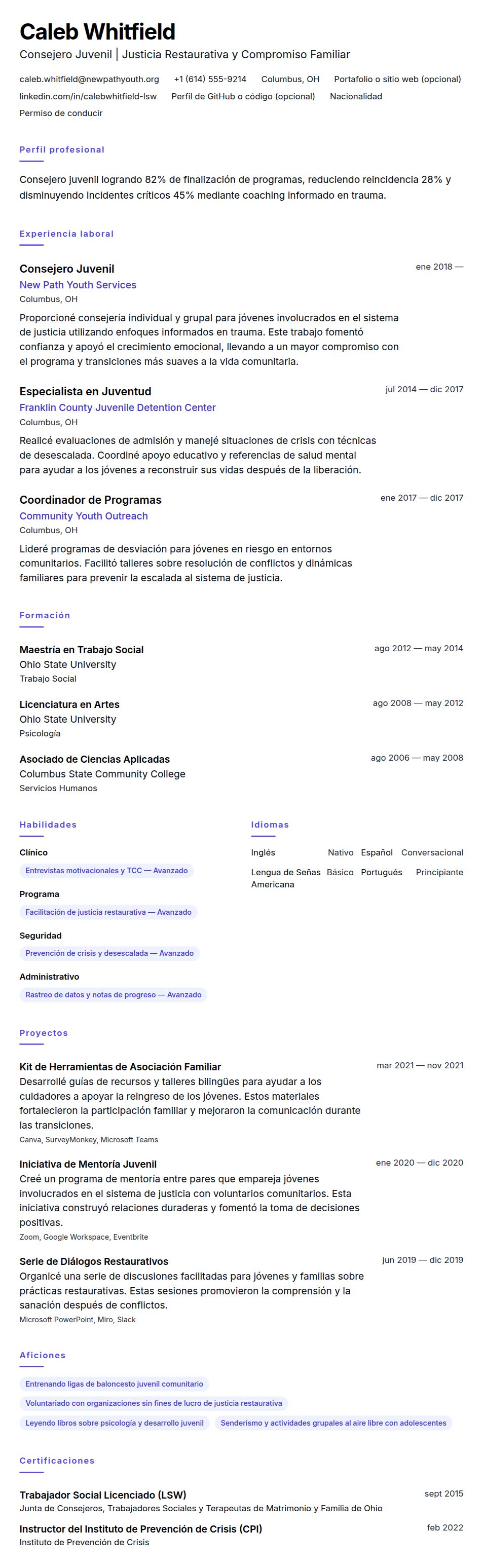Vista previa del currículum Ejemplo de Currículum de Consejero Juvenil