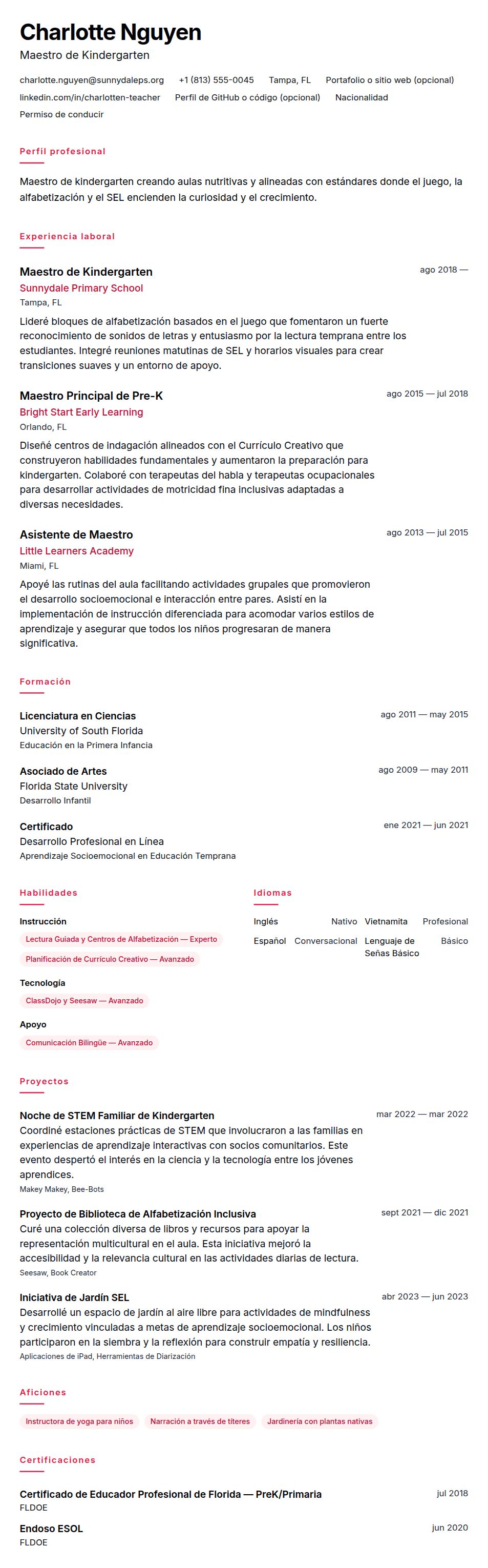 Vista previa del currículum Ejemplo de Currículum de Maestro de Kindergarten
