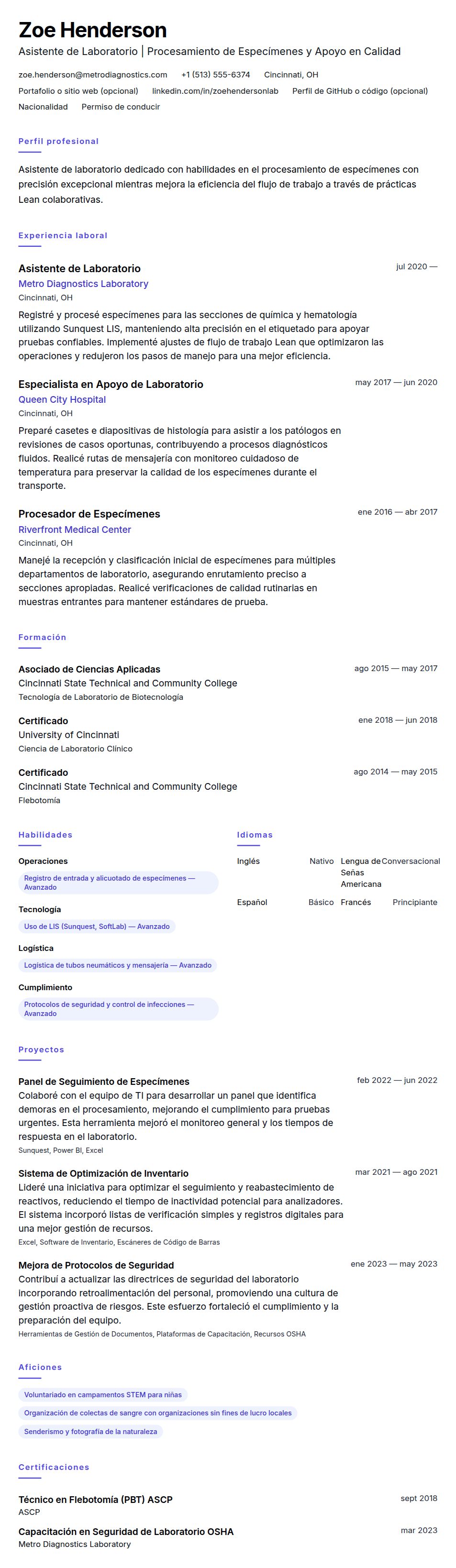 Vista previa del currículum Ejemplo de Currículum de Asistente de Laboratorio
