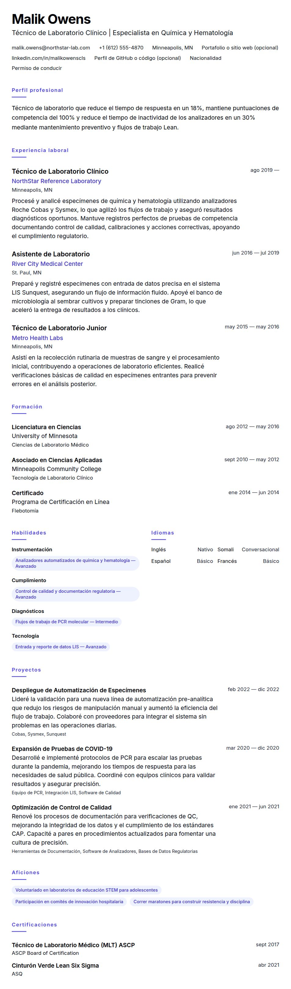 Vista previa del currículum Ejemplo de Currículum de Técnico de Laboratorio