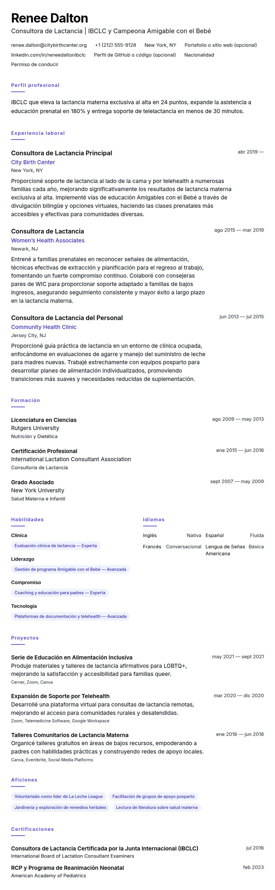 Vista previa del currículum Ejemplo de Currículum de Consultora de Lactancia