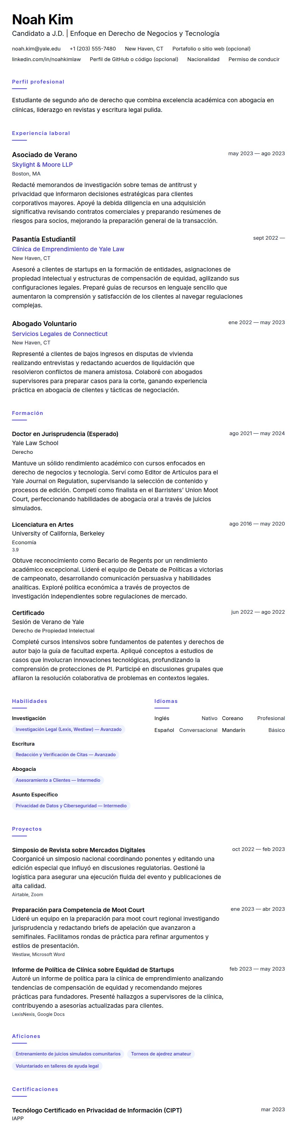 Ejemplo de Currículum para Estudiante de Escuela de Derecho