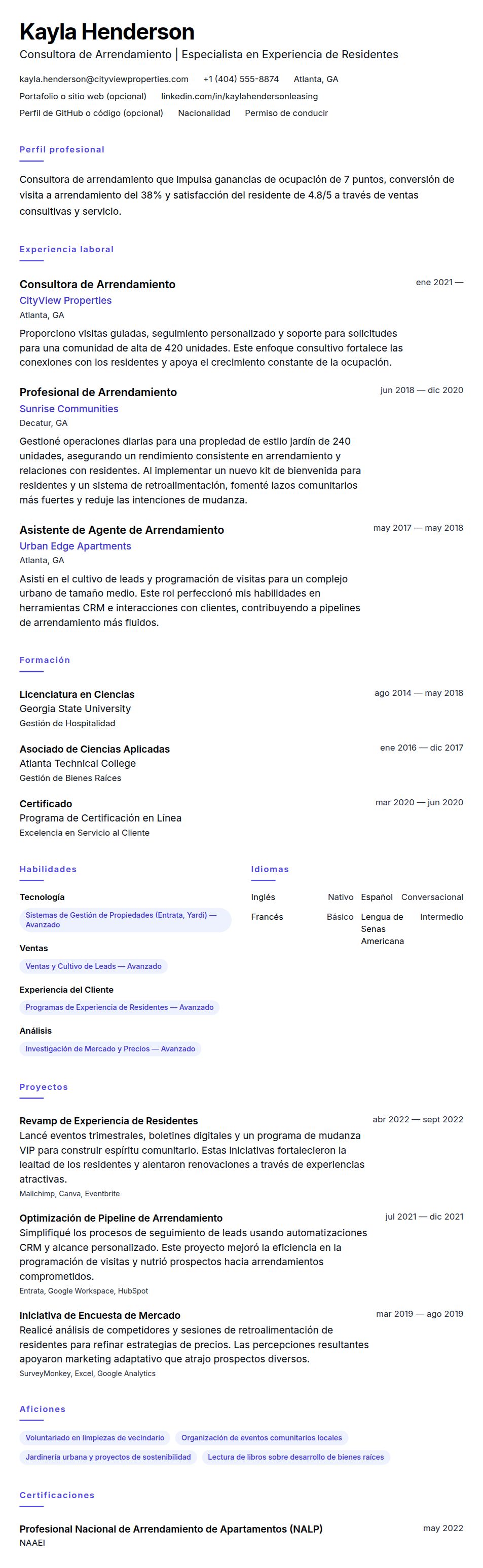 Vista previa del currículum Ejemplo de Currículum de Consultor de Arrendamiento