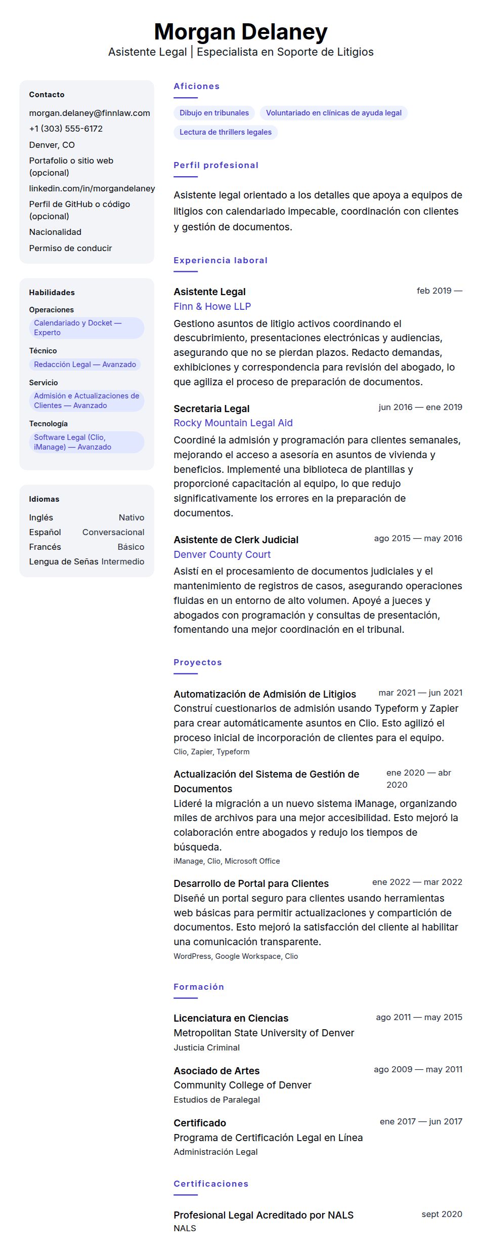 Ejemplo de Currículum de Asistente Legal