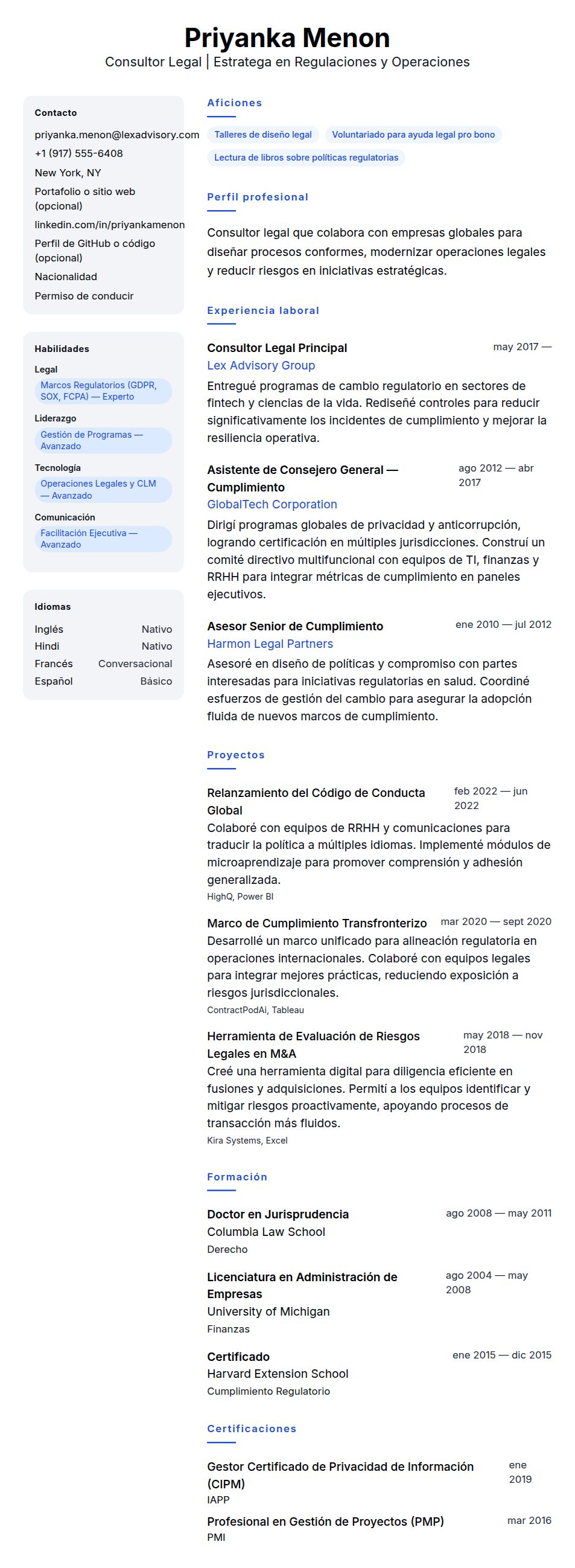 Vista previa del currículum Ejemplo de Currículum de Consultor Legal