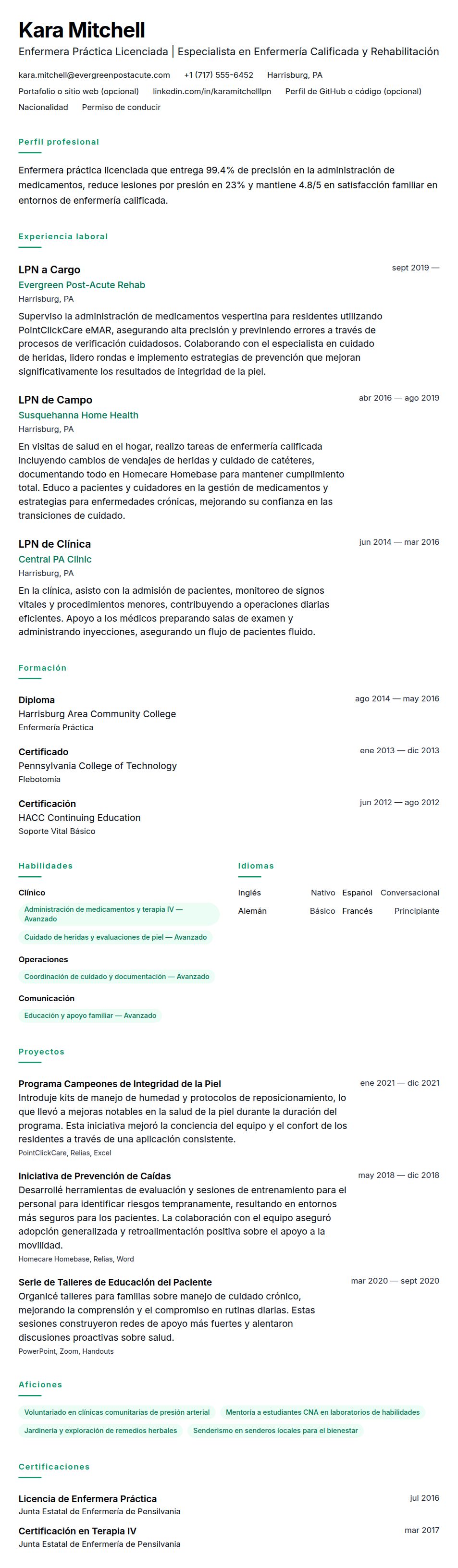 Vista previa del currículum Ejemplo de Currículum de Enfermera Práctica Licenciada (LPN)
