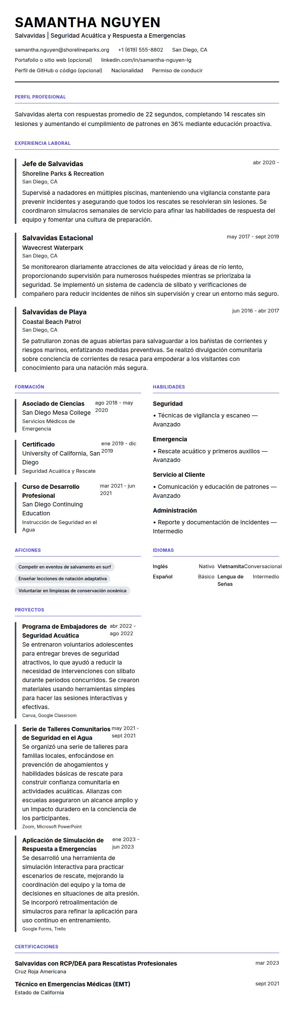 Vista previa del currículum Ejemplo de Currículum de Salvavidas