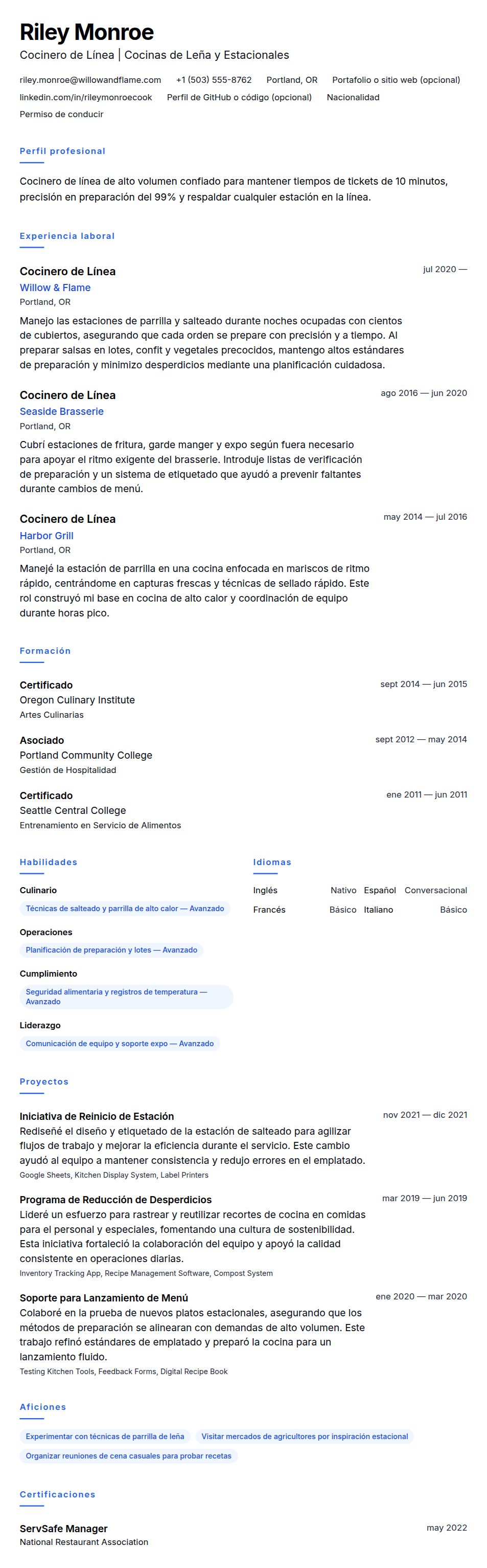 Vista previa del currículum Ejemplo de Currículum de Cocinero de Línea