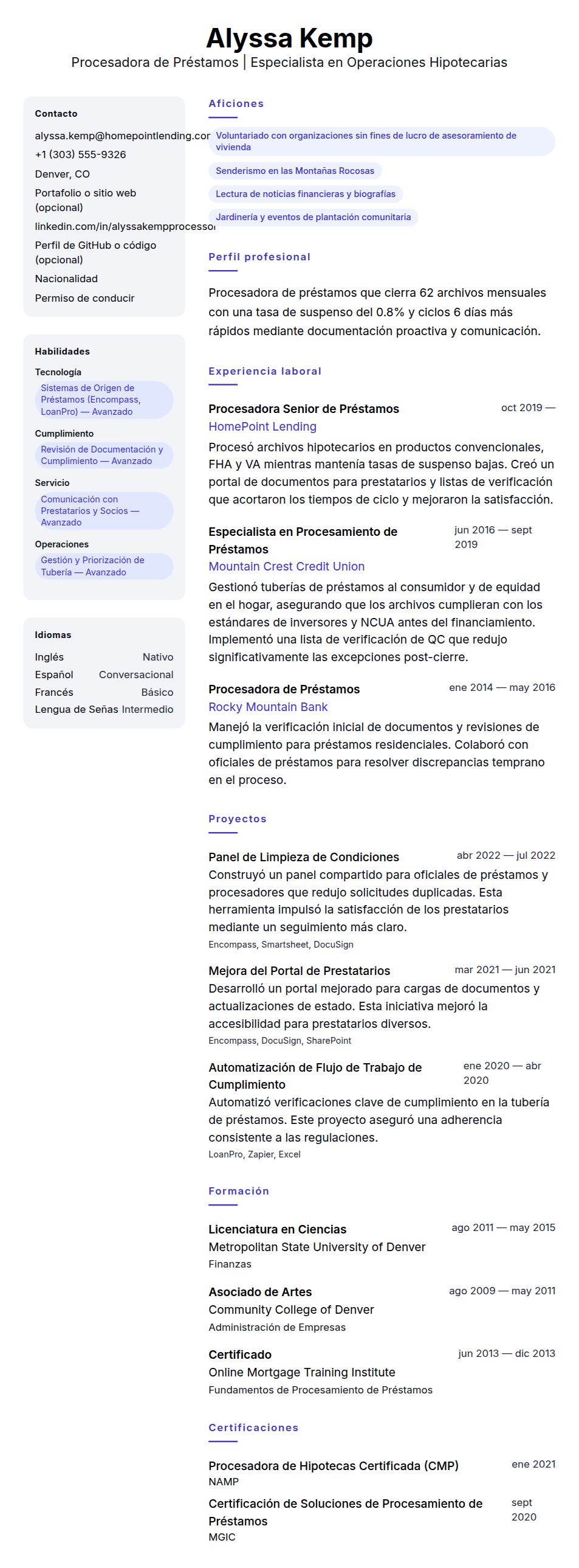 Vista previa del currículum Ejemplo de Currículum de Procesador de Préstamos