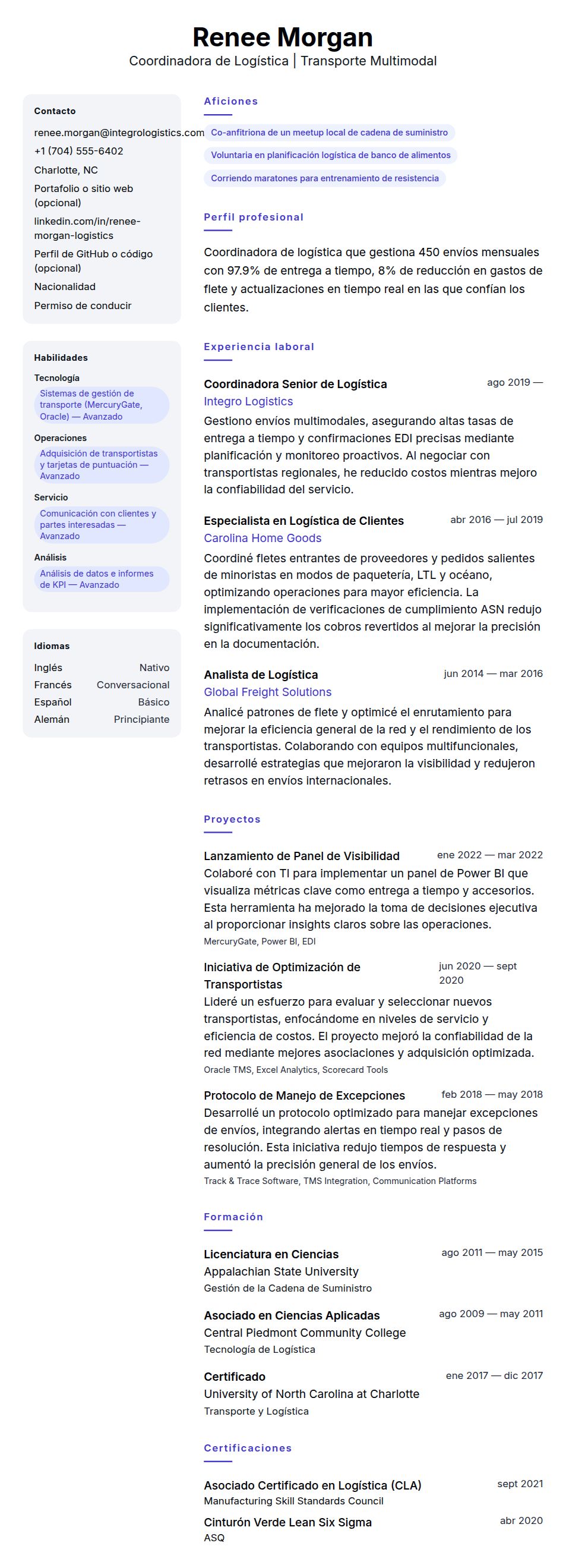 Vista previa del currículum Ejemplo de Currículum de Coordinador de Logística