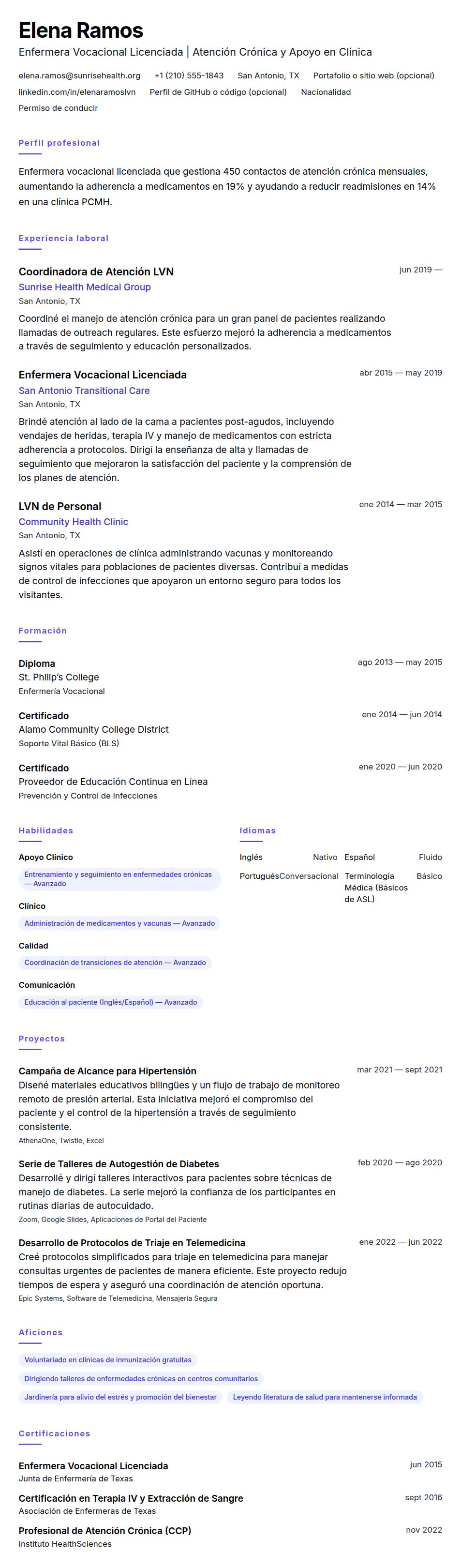 Vista previa del currículum Ejemplo de Currículum de Enfermero Vocacional Licenciado (LVN)