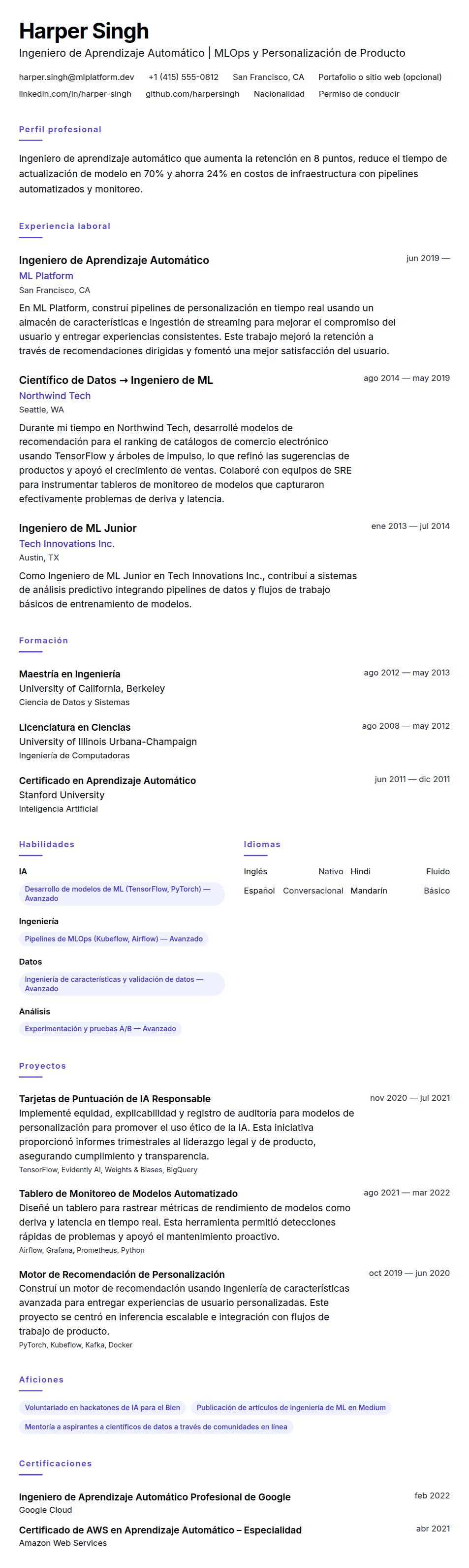 Vista previa del currículum Ejemplo de Currículum de Ingeniero de Aprendizaje Automático
