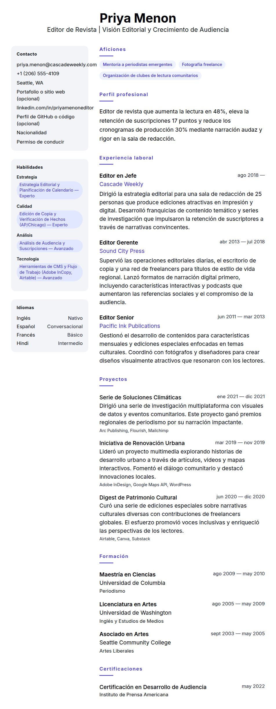 Vista previa del currículum Ejemplo de Currículum de Editor de Revista