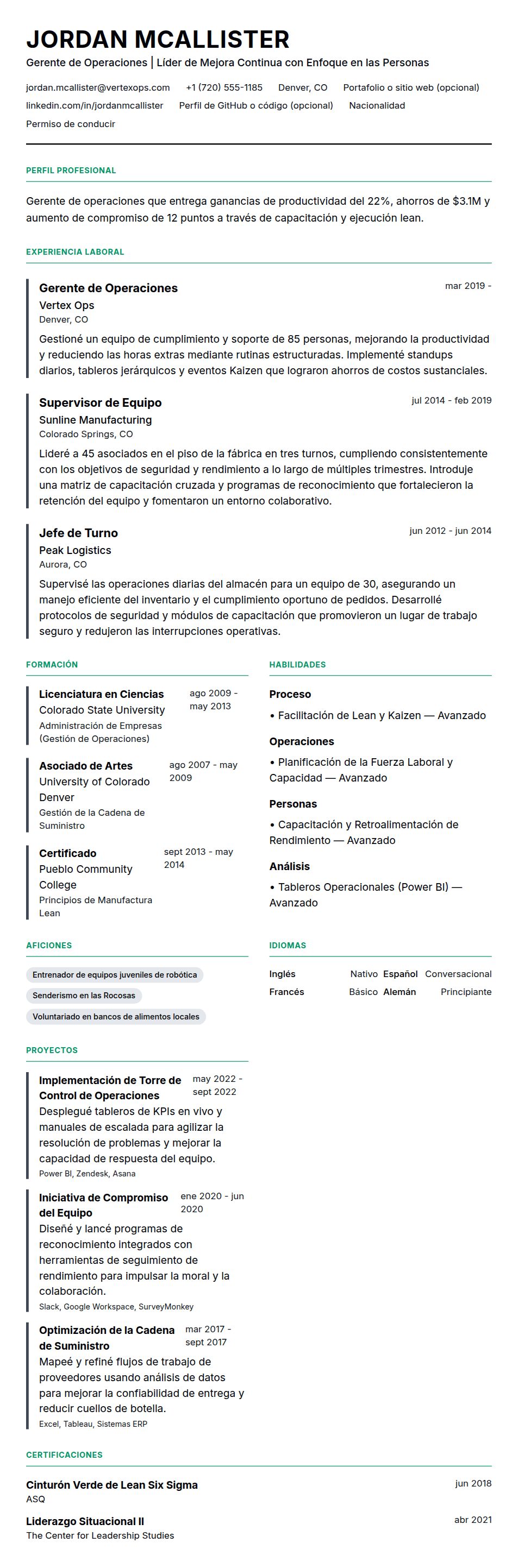 Vista previa del currículum Ejemplo de Currículum de Gerente de Operaciones