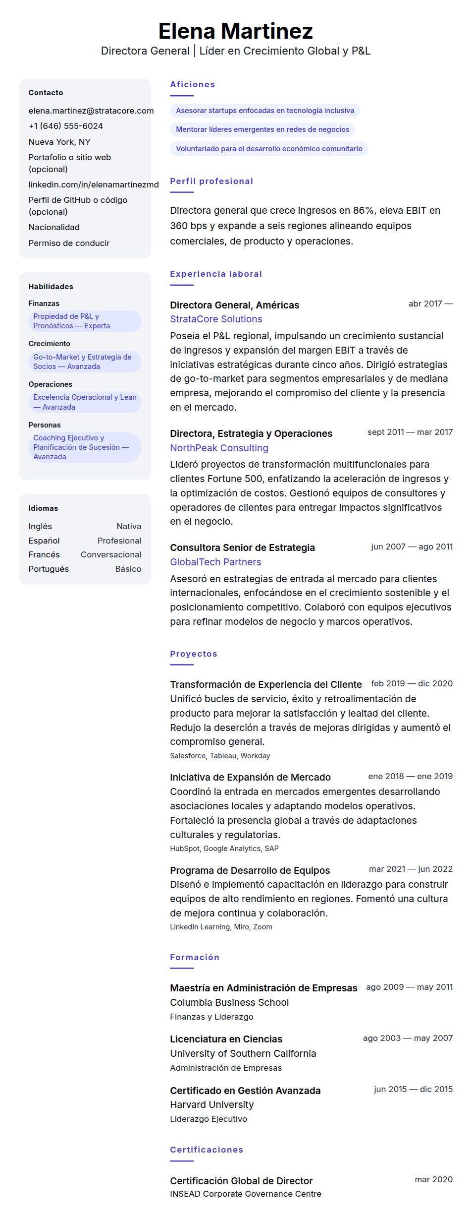 Vista previa del currículum Ejemplo de Currículum de Director General