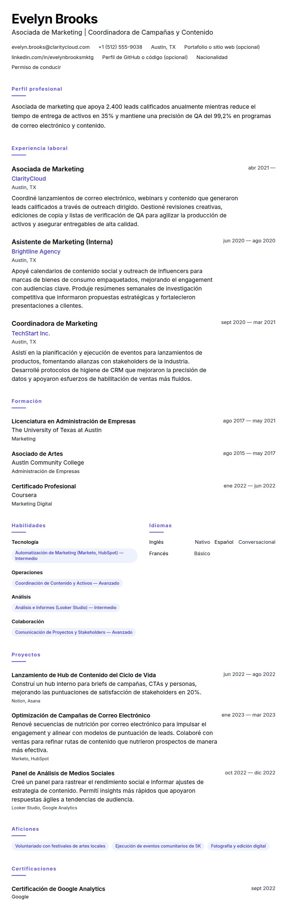 Vista previa del currículum Ejemplo de Currículum de Asociado de Marketing