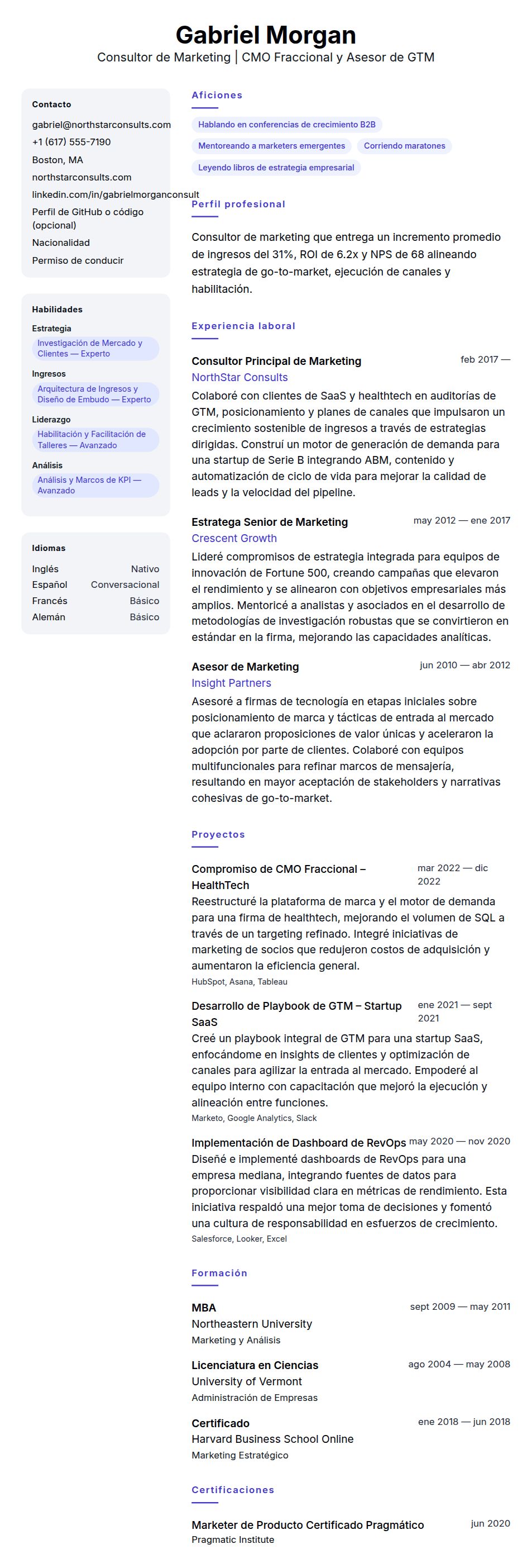 Ejemplo de Currículum de Consultor de Marketing