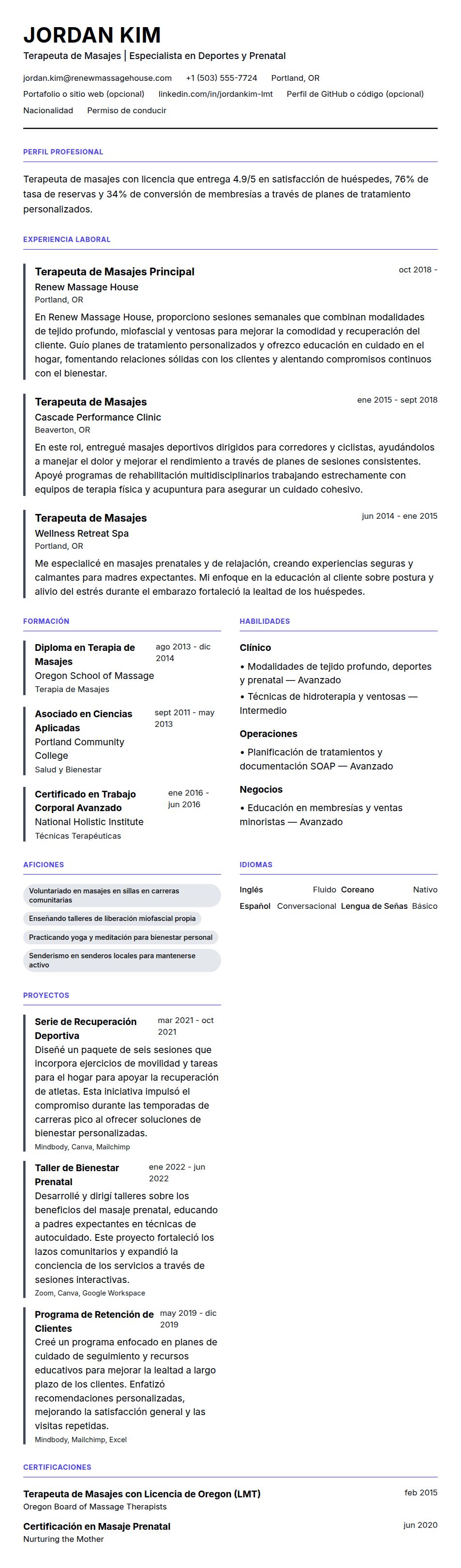 Ejemplo de Currículum de Terapeuta de Masajes