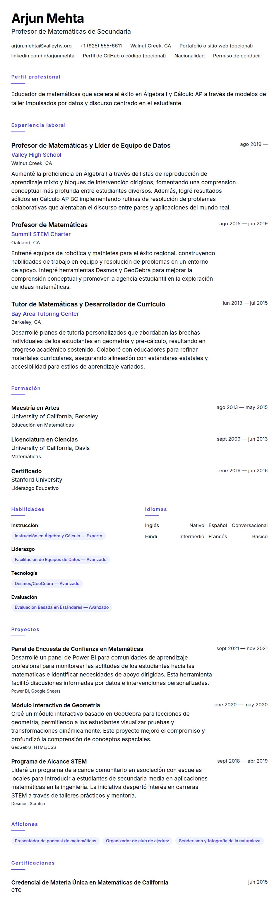 Ejemplo de Currículum de Profesor de Matemáticas