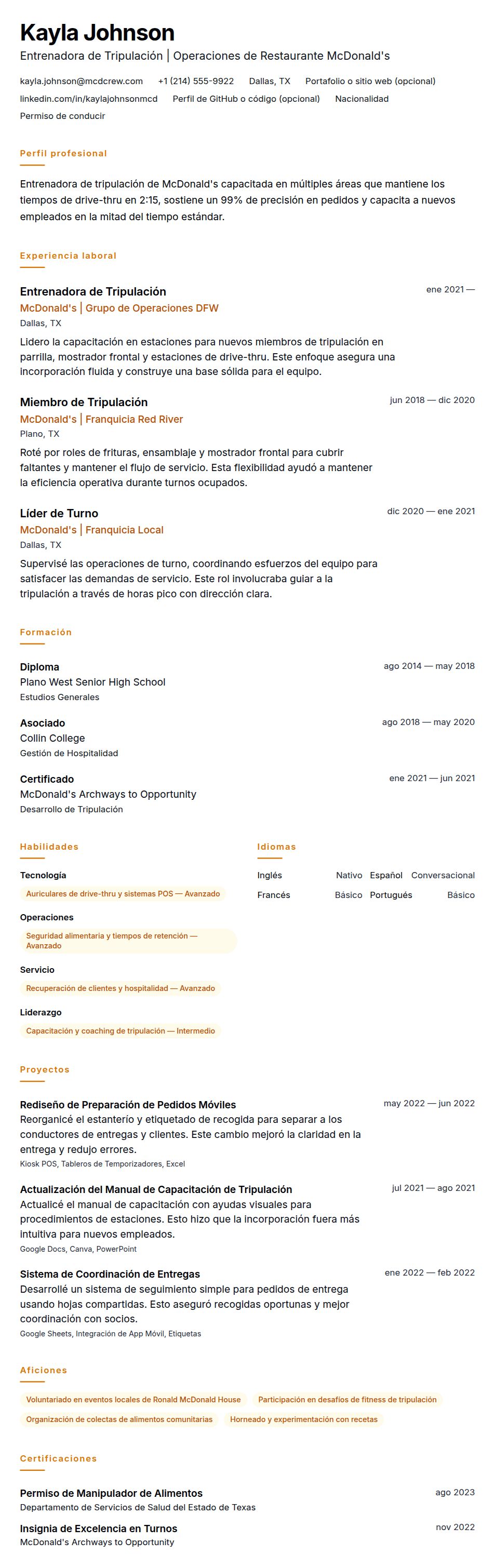 Vista previa del currículum Ejemplo de Currículum de Miembro de Tripulación de McDonald's