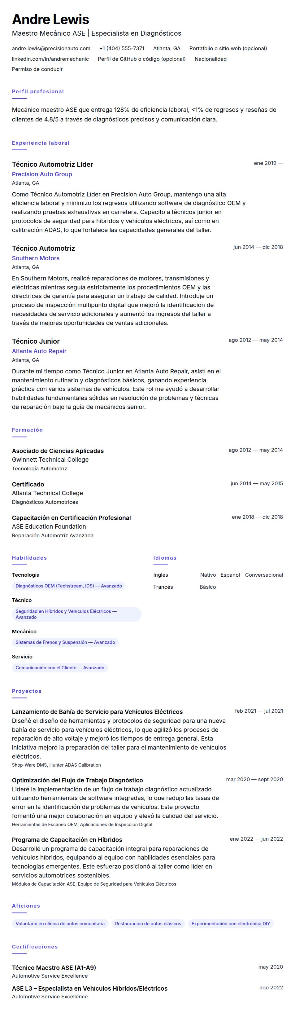 Vista previa del currículum Ejemplo de Currículum de Mecánico