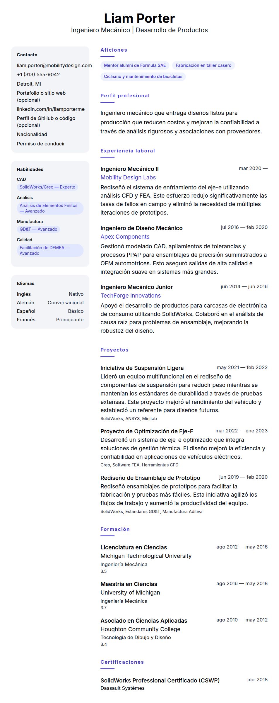 Ejemplo de Currículum de Ingeniero Mecánico